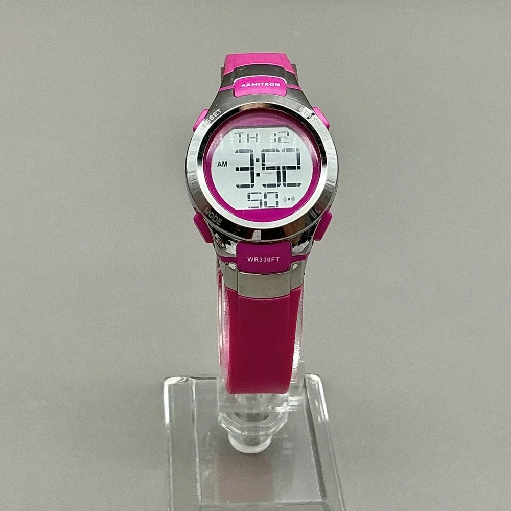 Armitron Watch Womens Pro Sport Digital Pink Resin 27mm Water Resistant Day Date